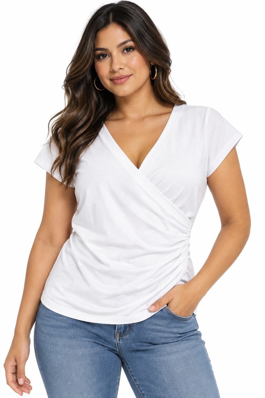 Nicole by Nicole Miller Women’s White V-Neck Ruched Wrap Blouse Size Large